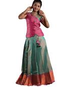 Ramer green copper silk Banarasi Short Sleeve pattu pavadai for girls
