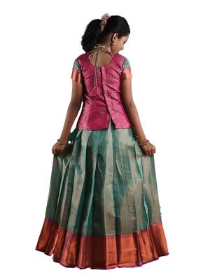 Ramer green copper silk Banarasi Short Sleeve pattu pavadai for girls 2