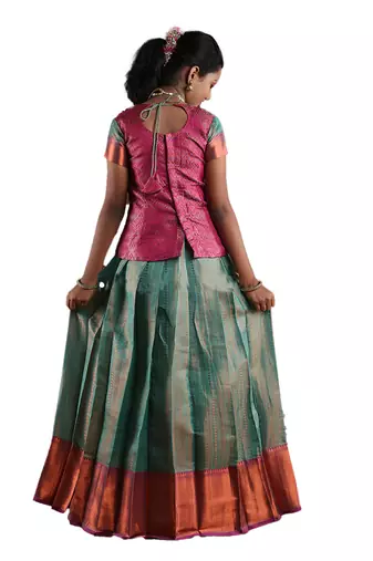 Ramer green copper silk Banarasi Short Sleeve pattu pavadai for girls