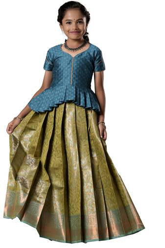 Parrot green copper twin leaf Banarasi Short Sleeve pattu pavadai