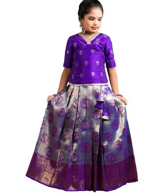 Girls purple dancing annam Banarasi Elbow Sleeve pattu pavadai langa 1