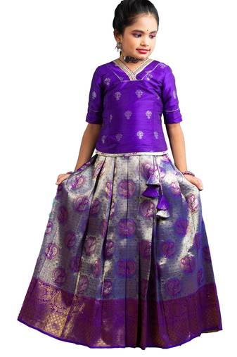 Girls purple dancing annam Banarasi Elbow Sleeve pattu pavadai langa