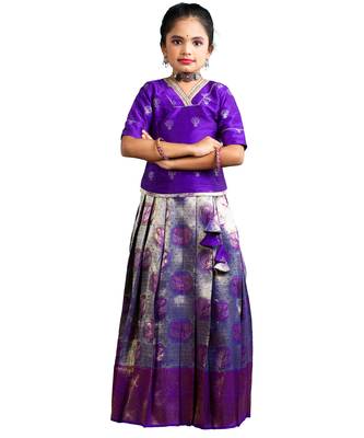 Girls purple dancing annam Banarasi Elbow Sleeve pattu pavadai langa 2