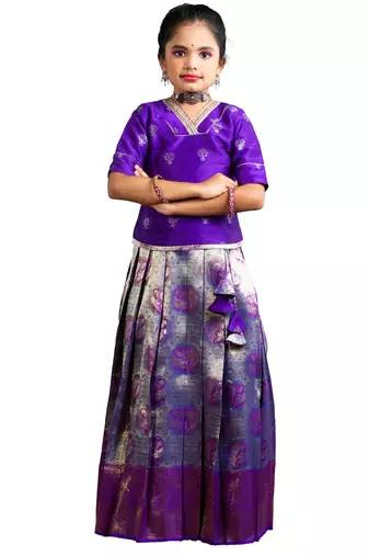 Girls purple dancing annam Banarasi Elbow Sleeve pattu pavadai langa
