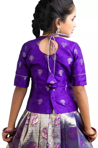 Girls purple dancing annam Banarasi Elbow Sleeve pattu pavadai langa