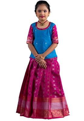 Girls pink diamond tulips Banarasi Elbow Sleeve pattu pavadai 1