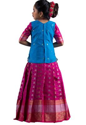 Girls pink diamond tulips Banarasi Elbow Sleeve pattu pavadai 2