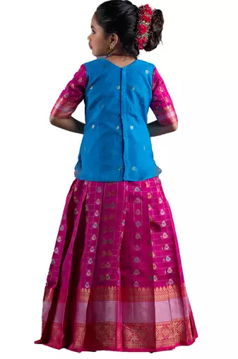 Girls pink diamond tulips Banarasi Elbow Sleeve pattu pavadai