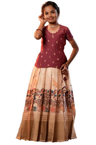 Maroon elephant Banarasi Short Sleeve circus pattu pavadai