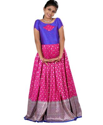 Pink satin floating peacock Banarasi Short Sleeve long gown for girls 1