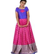 Pink satin floating peacock Banarasi Short Sleeve long gown for girls