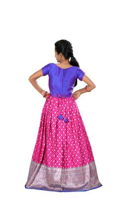 Pink satin floating peacock Banarasi Short Sleeve long gown for girls 2