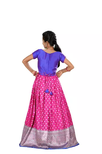 Pink satin floating peacock Banarasi Short Sleeve long gown for girls