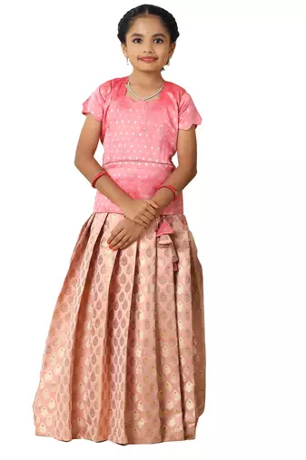 pink banarasi pattu pavadai set for girls