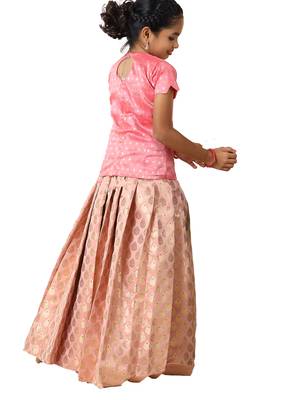 pink banarasi pattu pavadai set for girls 2