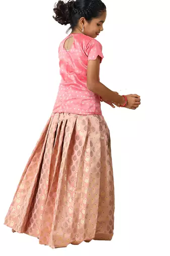 pink banarasi pattu pavadai set for girls