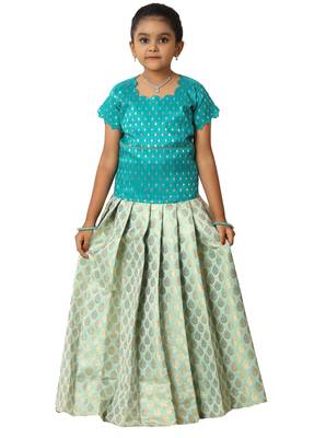 Sky blue floral drops Banarasi Short Sleeve pattu pavadai collections for kids and girls 1