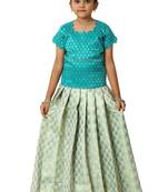Sky blue floral drops Banarasi Short Sleeve pattu pavadai collections for kids and girls