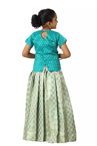 Sky blue floral drops Banarasi Short Sleeve pattu pavadai collections for kids and girls