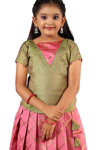 Pink golden vector Banarasi Short Sleeve pattu pavadai for girls 