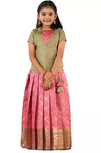 Pink golden vector Banarasi Short Sleeve pattu pavadai for girls 