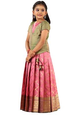 Pink golden vector Banarasi Short Sleeve pattu pavadai for girls  3