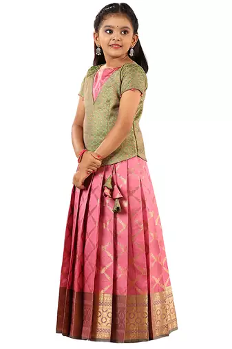 Pink golden vector Banarasi Short Sleeve pattu pavadai for girls 