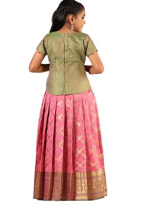 Pink golden vector Banarasi Short Sleeve pattu pavadai for girls  4