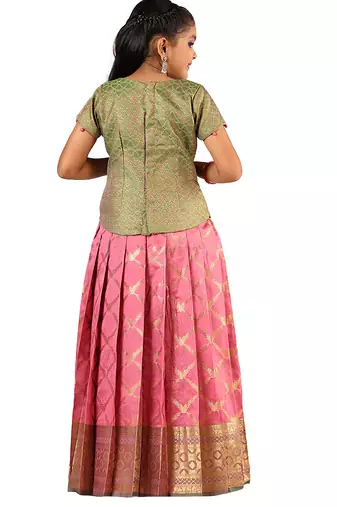 Pink golden vector Banarasi Short Sleeve pattu pavadai for girls 