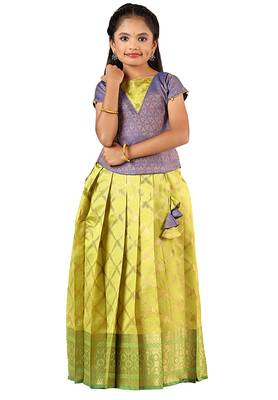 Green golden banarasi Short Sleeve pattu pavadai for girls 1