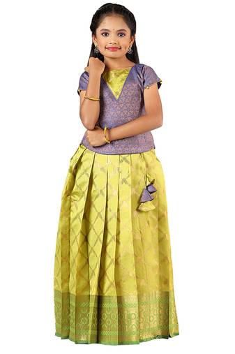 Green golden banarasi Short Sleeve pattu pavadai for girls