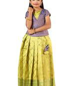 Green golden banarasi Short Sleeve pattu pavadai for girls