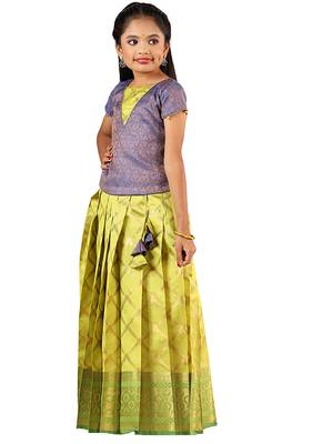 Green golden banarasi Short Sleeve pattu pavadai for girls 2