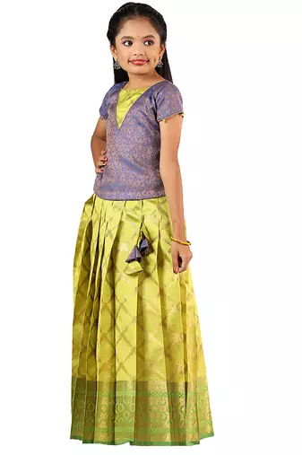 Green golden banarasi Short Sleeve pattu pavadai for girls