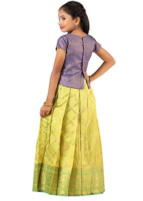Green golden banarasi Short Sleeve pattu pavadai for girls 3