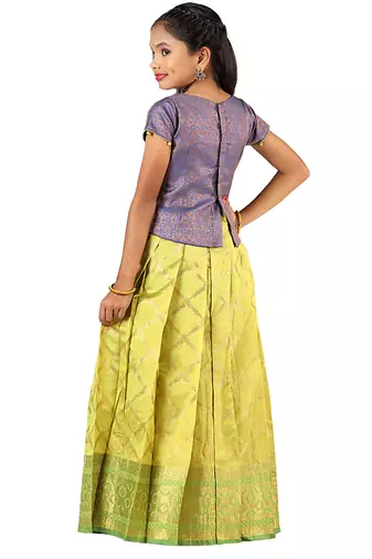 Green golden banarasi Short Sleeve pattu pavadai for girls
