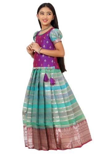 Green mountain green Banarasi Short Sleeve pattu pavadai for girls