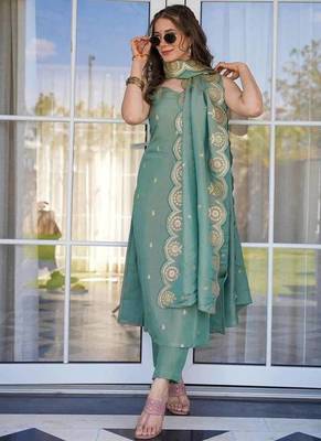 Women Viscose Zari Chanderi Straight Kurta Pant and Dupatta Set 3