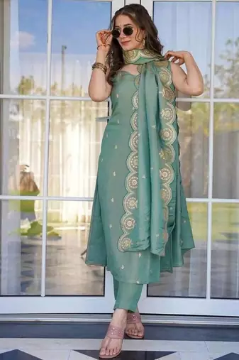 Women Viscose Zari Chanderi Straight Kurta Pant and Dupatta Set
