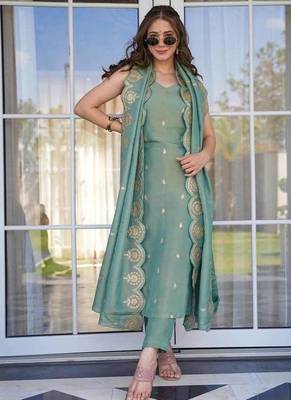 Women Viscose Zari Chanderi Straight Kurta Pant and Dupatta Set 5