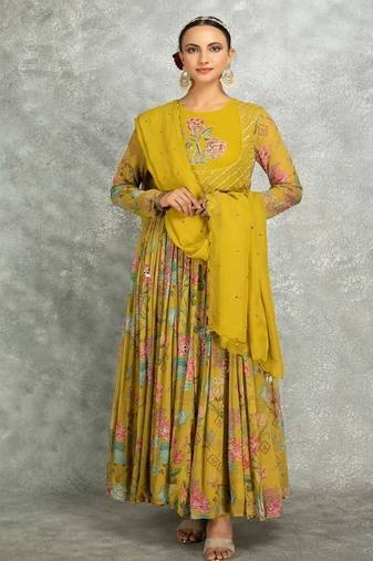 Mustard yelow floral printed georgette anarkali with scalloping dupatta set of 3
