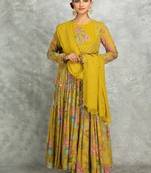 Mustard yelow floral printed georgette anarkali with scalloping dupatta set of 3