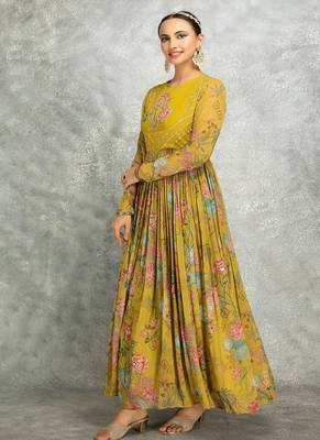 Mustard yelow floral printed georgette anarkali with scalloping dupatta set of 3 2