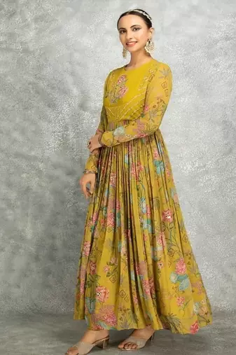 Mustard yelow floral printed georgette anarkali with scalloping dupatta set of 3