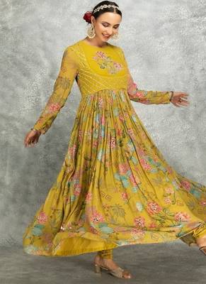 Mustard yelow floral printed georgette anarkali with scalloping dupatta set of 3 3