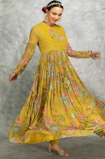 Mustard yelow floral printed georgette anarkali with scalloping dupatta set of 3