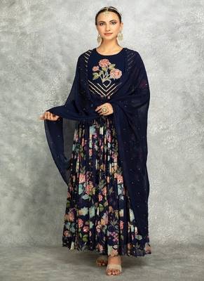 Blue floral printed georgette anarkali with scalloping dupatta set of 3 1