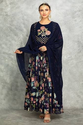 Blue floral printed georgette anarkali with scalloping dupatta set of 3