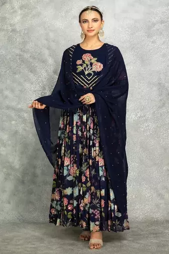 Blue floral printed georgette anarkali with scalloping dupatta set of 3