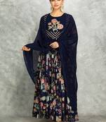 Blue floral printed georgette anarkali with scalloping dupatta set of 3